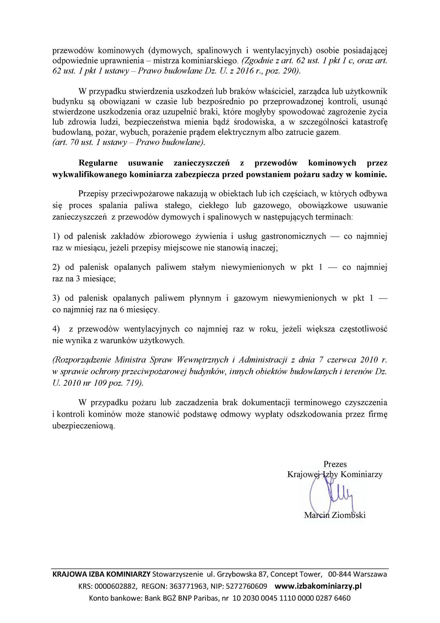 2017 09 15 Komunikat Prezesa Krajowej Izby Kominiarzy 2