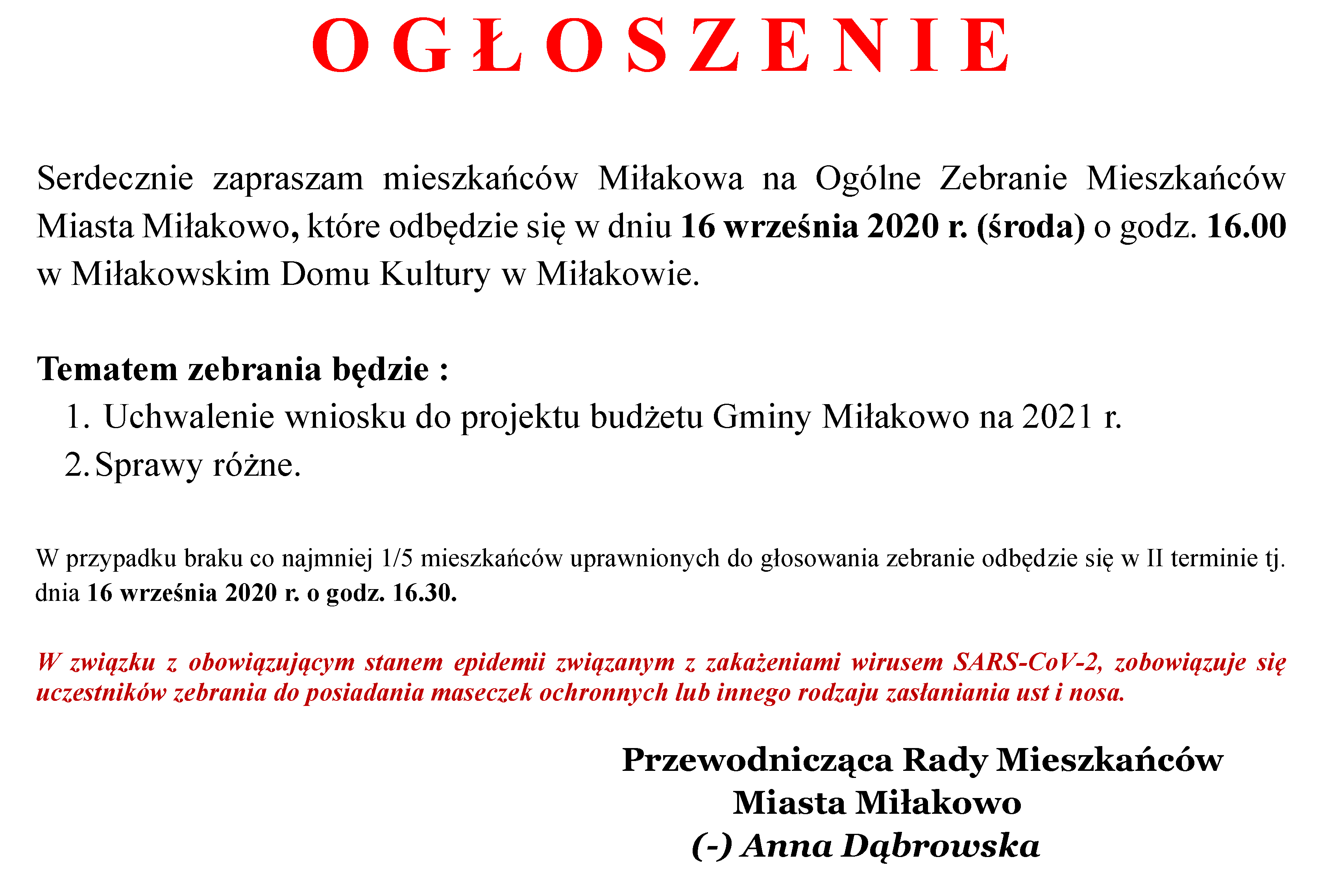 Ogłoszenie o Ogólnym Zebraniu Mieszkańców w dniu 16 września 2020 r. w Miłakowskim Domu Kultury